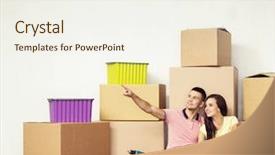  Presentation with new home - PPT theme consisting of housewarming - young loving couple moving background and a sky blue colored foreground