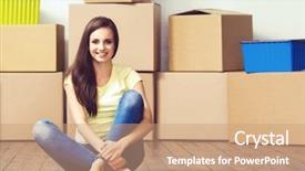  Presentation with new home - PPT theme consisting of housewarming - young loving couple moving background and a coral colored foreground