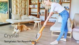  Presentation with vacuum cleaner robot - PPT theme having a cleaner with vacuum background and a mint green colored foreground