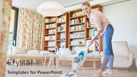  Presentation with room cleaning - Slide set with mopping - housewife as a cleaning lady background and a mint green colored foreground