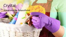  Presentation with cleaning - Slides having housewife holding basket with cleaning background and a yellow colored foreground