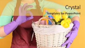  Presentation with pastel color spring - Audience pleasing slide deck consisting of housewife holding basket with cleaning backdrop and a yellow colored foreground
