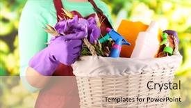  Presentation with spring photo album - Colorful slide deck enhanced with housewife holding basket with cleaning backdrop and a lemonade colored foreground