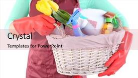  Presentation with equipment - Presentation theme consisting of housewife holding basket with cleaning background and a coral colored foreground