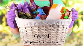  Presentation with spring photo album - Beautiful slide deck featuring housewife holding basket with cleaning backdrop and a soft green colored foreground