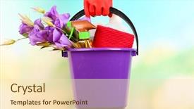  Presentation with equipment - Cool new PPT theme with housewife holding bucket with cleaning backdrop and a lemonade colored foreground