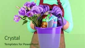  Presentation with equipment - Presentation theme having housewife holding bucket with cleaning background and a mint green colored foreground