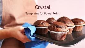  Presentation with cupcakes - Presentation design featuring housewife holding oven-tray with chocolate cupcakes close up background and a lemonade colored foreground