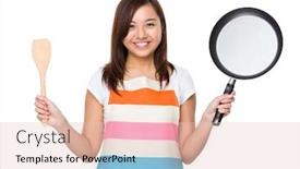  Presentation with frying - Presentation theme having housewife holding up with frying pan and wooden ladle background and a lemonade colored foreground