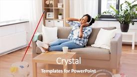  Presentation with american music - Amazing presentation theme having household and technology concept - happy african american woman or housewife in headphones resting after home cleaning and listening to music backdrop and a coral colored foreground