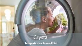  Presentation with laundry - Presentation theme consisting of housewife with fresh laundry in the washing machine or in the tumble dryer background and a gray colored foreground