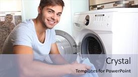  Presentation with clothes washing machine - Theme with housework man loading clothes background and a  colored foreground