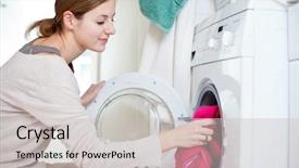  Presentation with laundry - Presentation design featuring housework young woman doing laundry background and a light gray colored foreground
