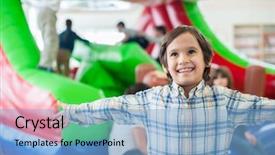  Presentation with happy kids - Slide deck featuring housie game - happy kids at indoor playground background and a light blue colored foreground