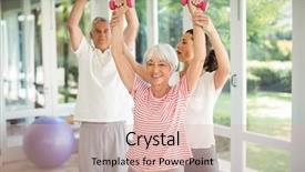  Presentation with exercise trainer - Audience pleasing slides consisting of housing assistance - female trainer assisting senior couple backdrop and a lemonade colored foreground