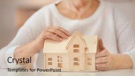  Presentation with home care - Audience pleasing slide deck consisting of housing assistance - senior woman with house model backdrop and a lemonade colored foreground