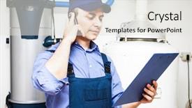  Presentation with housing - Presentation design with housing assistance - technician servicing an hot-water heater background and a white colored foreground