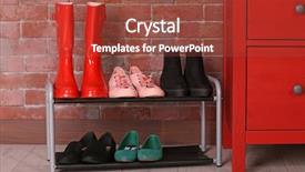  Presentation with shoes - Theme with housing forecast - different shoes on shelf near background and a tawny brown colored foreground