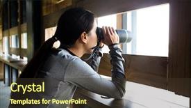  Presentation with binocular - PPT layouts having housing forecast - woman use binocular in wooden background and a tawny brown colored foreground