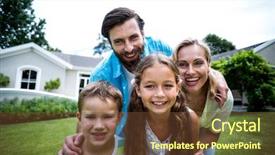 Presentation with house fly insect close up - Slide deck enhanced with smiling family standing outside house background and a tawny brown colored foreground