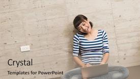  Presentation with intelligence intelligent house smart home - PPT theme enhanced with social media free - happy girl use a laptop background and a mint green colored foreground