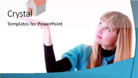  Presentation with house - Audience pleasing PPT theme consisting of housing market concept graph - girl with house backdrop and a sky blue colored foreground