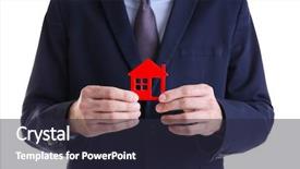  Presentation with kidney transplant holding a model - PPT theme with housing policy - man holding house model background and a  colored foreground