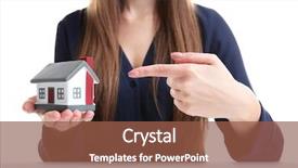  Presentation with white house - Audience pleasing slide deck consisting of housing policy - woman holding house model backdrop and a  colored foreground