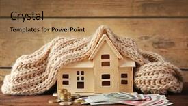  Presentation with wooden toy - PPT layouts featuring housing statistics - plywood toy house with warm background and a coral colored foreground