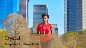  Presentation with listening - PPT layouts with houston skyline - runner girl running and listening background and a  colored foreground