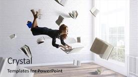  Presentation with joyful - Presentation theme consisting of hover - joyful beautiful young levitating businesswoman background and a light gray colored foreground