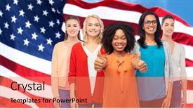  Presentation with diversity women - Colorful presentation enhanced with howing thumbs up over american backdrop and a coral colored foreground