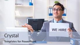  Presentation with help desk - Presentation featuring hr help desk - businessman in recruitment concept background and a light blue colored foreground