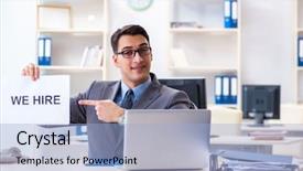  Presentation with help desk - Cool new presentation design with hr help desk - businessman in recruitment concept backdrop and a light blue colored foreground