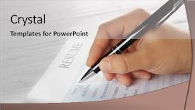  Presentation with resume - Audience pleasing slide set consisting of hr information - female hand filling in resume backdrop and a light gray colored foreground