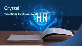  Presentation with digital book - Cool new PPT theme with hr inscription coming out from an open book digital technology concept backdrop and a ocean colored foreground