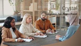 Presentation with meeting table - Cool new presentation design with hr-managers-and-head backdrop and a coral colored foreground