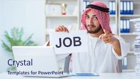  Presentation with 3d man sitting question mark - Audience pleasing presentation consisting of hr presentation - arab man sitting at desk backdrop and a  colored foreground