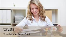  Presentation with career portfolio - Audience pleasing theme consisting of hr woman reading application portfolio backdrop and a mint green colored foreground