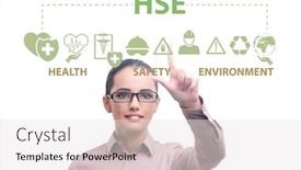  Presentation with hse - Cool new PPT theme with hse-concept-with-businesswoman-pressing backdrop and a sky blue colored foreground