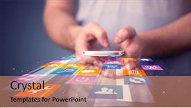  Presentation with retail smart phone - PPT theme consisting of hub - man holding smart phone background and a coral colored foreground