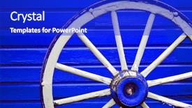  Presentation with blue weather vane - PPT layouts having hub spoke - old weathered wagon wheel leaning background and a royal blue colored foreground