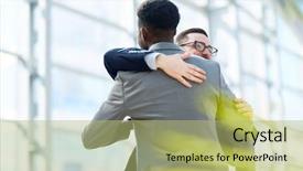  Presentation with modern building - Colorful slide set enhanced with hug - portrait of two business partners backdrop and a mint green colored foreground