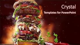  Presentation with rustic wood wooden frame - Presentation theme enhanced with huge fire - delicious big hamburger on wooden background and a wine colored foreground