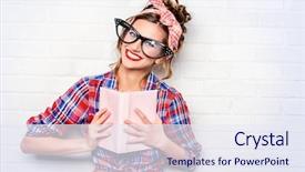  Presentation with child girl reading a book - Audience pleasing slide deck consisting of huge glasses reading a book backdrop and a sky blue colored foreground