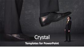  Presentation with stepping - Presentation design featuring huge leg stepping on a tiny businnessman concept on background background and a dark gray colored foreground