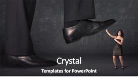  Presentation with stepping - Cool new slide set with huge leg stepping on a tiny businnesswoman concept on background backdrop and a dark gray colored foreground