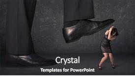  Presentation with stepping - Slides featuring huge leg stepping on a tiny businnesswoman concept on background background and a dark gray colored foreground
