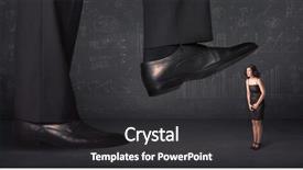  Presentation with stepping - Presentation design consisting of huge leg stepping on a tiny businnesswoman concept on background background and a dark gray colored foreground