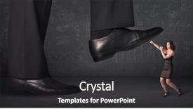  Presentation with stepping - Slide set consisting of huge leg stepping on a tiny businnesswoman concept on background background and a dark gray colored foreground